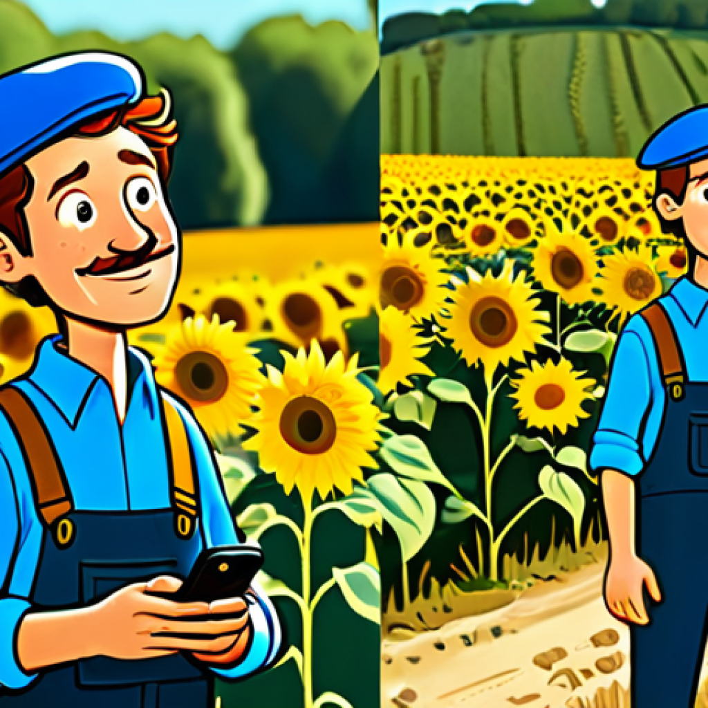 **

A cartoon illustration of Totor, a cheerful and slightly naive French peasant character, fully clothed in traditional countryside attire (beret, blue work shirt, overalls). He is standing in a sunny field of sunflowers in the French countryside, looking confused at a modern smartphone he's holding. Safe for work, appropriate content, family-friendly, perfect anatomy, correct proportions, well-formed hands, natural pose, professional illustration.

**