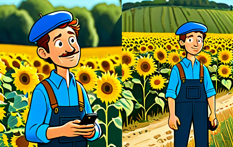 **
A cartoon illustration of Totor, a cheerful and slightly naive French peasant character, fully clothed in traditional countryside attire (beret, blue work shirt, overalls). He is standing in a sunny field of sunflowers in the French countryside, looking confused at a modern smartphone he's holding. Safe for work, appropriate content, family-friendly, perfect anatomy, correct proportions, well-formed hands, natural pose, professional illustration.
**