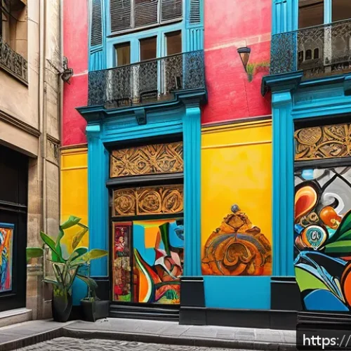 똘똘이와 다른 작품의 콜라보 사례 - A vibrant urban art gallery scene combining classic Renaissance-style paintings with bold street art...