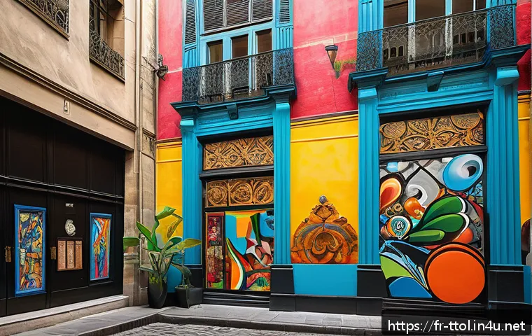 똘똘이와 다른 작품의 콜라보 사례 - A vibrant urban art gallery scene combining classic Renaissance-style paintings with bold street art...