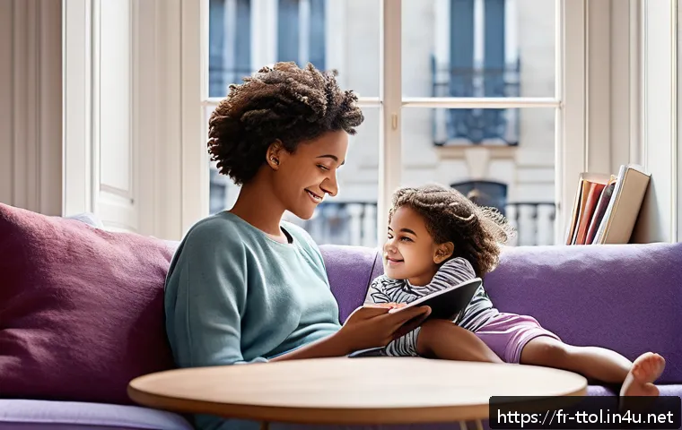 똘똘이의 사회적 메시지 - A warm, intimate family scene set in a cozy Parisian living room, featuring a parent and a young chi...