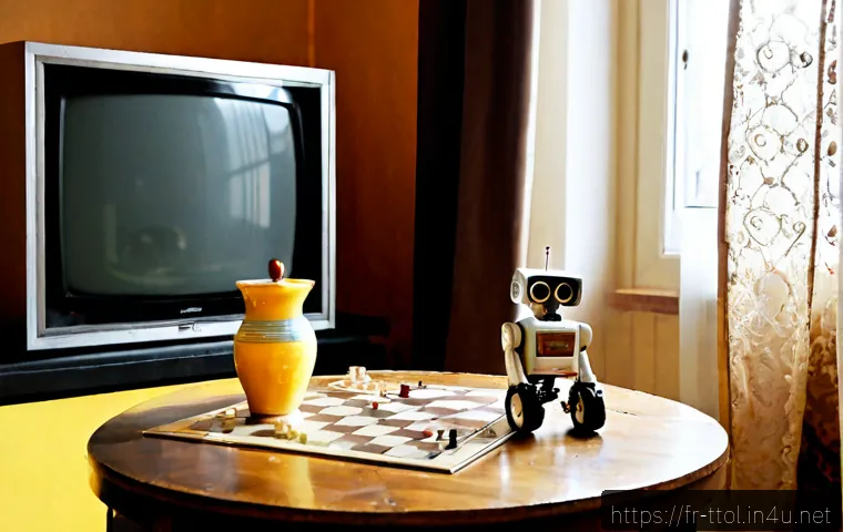 Home 17 똘똘이의 시대적 배경 - Photorealistic late-1970s French family living room, a cheerful child’s small robot toy on a wooden ...